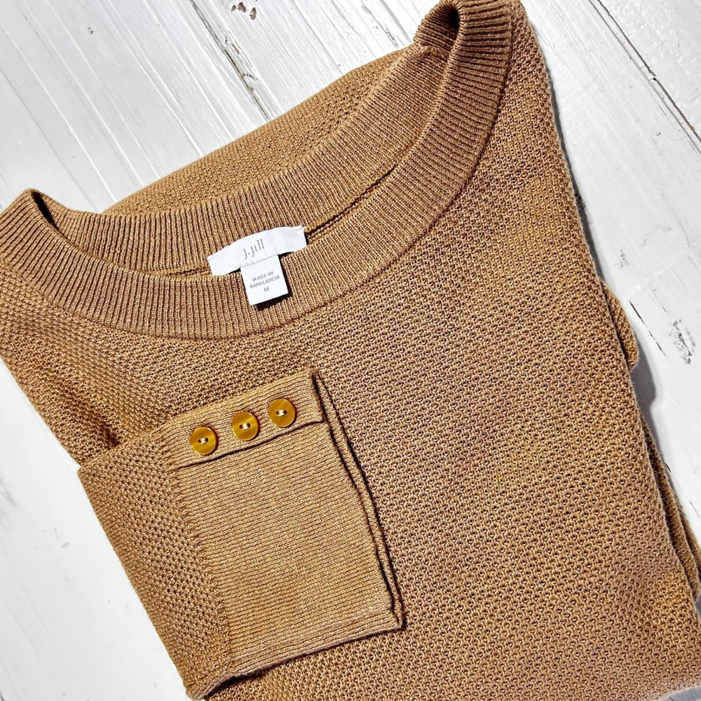 J Jill Women Tan Knit Sweater Button Cuff‎ Split Side Tunic M